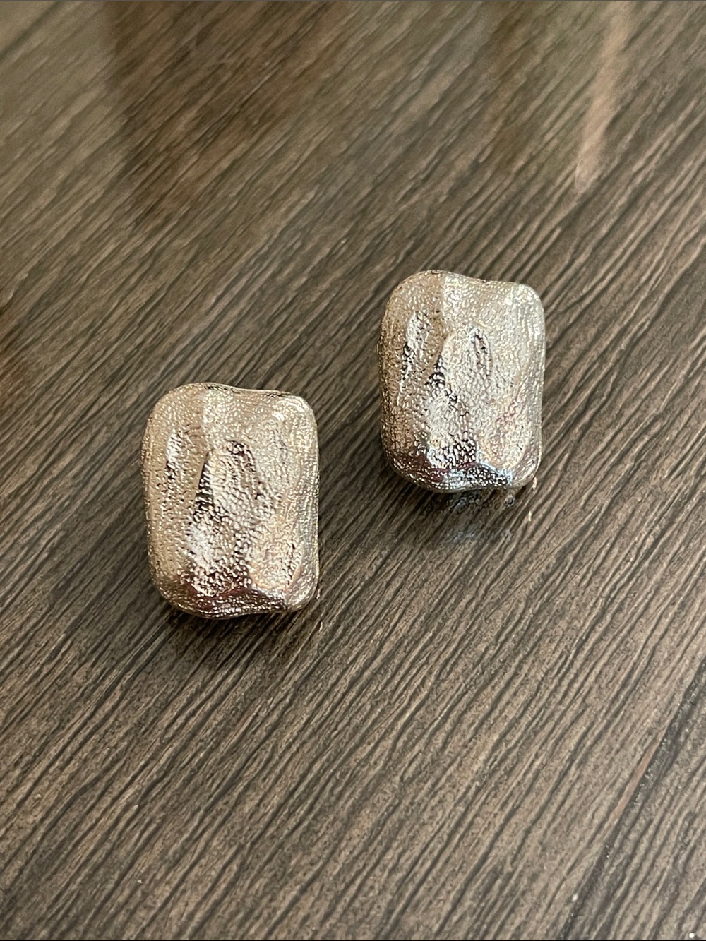 Vintage Textured Nugget Style Button Earrings - Silver-tone